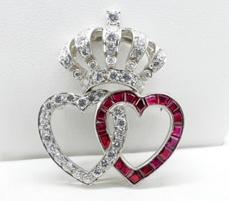 PLATINUM DIAMOND RUBY HEART CROWN PIN