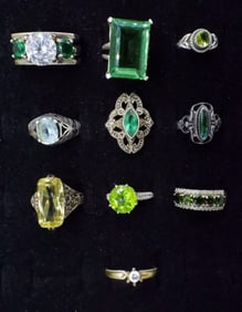 (10) VARIOUS GREEN GEMSTONE 925 RINGS