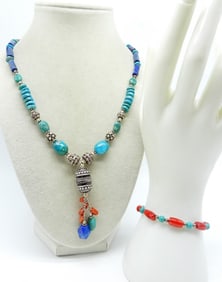 TURQUOISE, LAPIS BEADED 925 NECKLACE SET