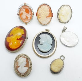 (8) VTG STERLING CAMEO RINGS & PENDANTS