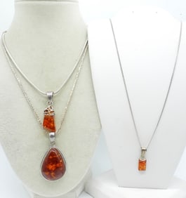 (3) STERLING AMBER NECKLACES