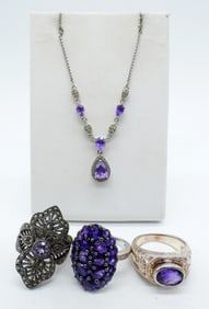 AMETHYST STERLING RINGS & NECKLACE