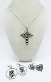 VTG STERLING TURQUOISE CROSS & EARRINGS