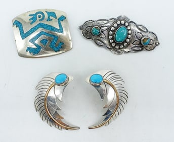 VTG TURQUOISE 925 EARRINGS & BROOCHES