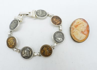STERLING CAMEO BROOCH/PENDANT + MORE