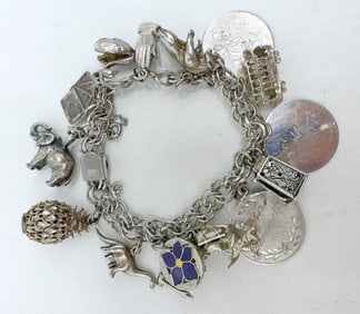 VTG STERLING CHARM BRACELET 14 CHARMS