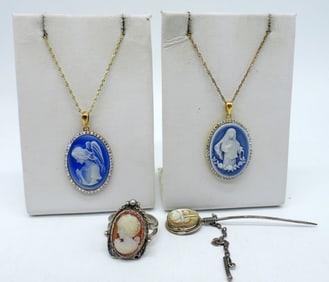 VTG STERLING CAMEOS. RING, PIN, NECKLACES