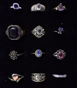 (12) STERLING AMETHYST & OTHER RINGS