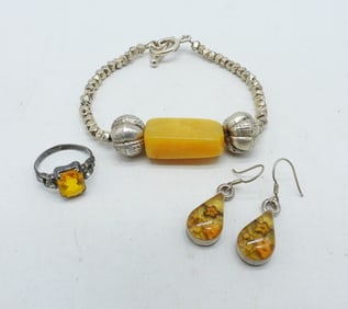 VINTAGE STERLING YELLOW GEMS JEWELRY