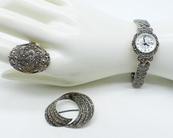 STERLING MARCASITE WATCH, RING, PIN