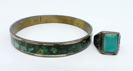 J COMES TAXCO 925 INLAID BANGLE BRACELET