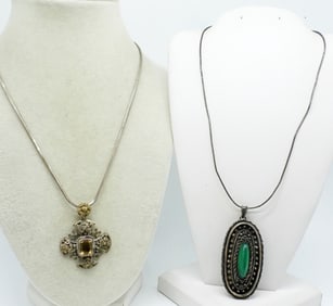 (2) STERLING CITRINE, GRN ONYX NECKLACES