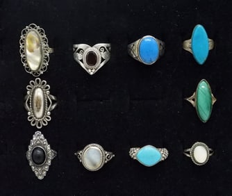 (10) STERLING TURQUOISE, MALACHITE RINGS