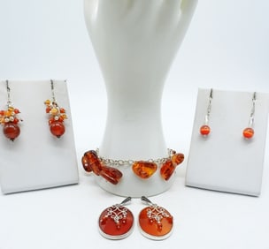 CARNELIAN, AMBER & TIGERS EYE 925 LOT