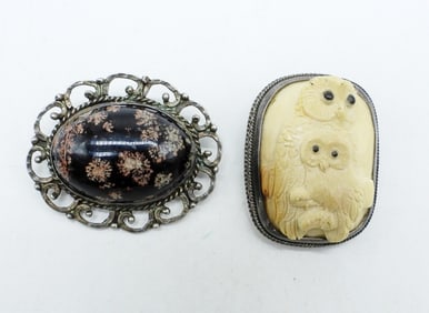 CARVED BONE OWL PIN & OBSIDIAN PIN 925