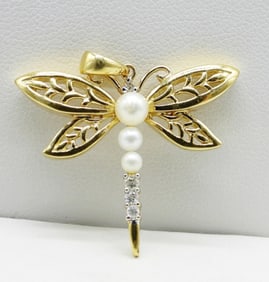 10KYG PEARL, DIA DRAGONFLY PENDANT