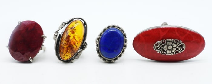 RUBY, LAPIS & AMBER VTG STERLING RINGS