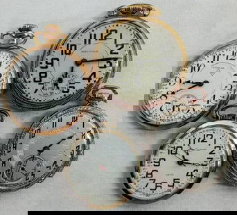 (4) OPENFACE POCKET WATCH LOT: WALTHAM, AM. WALTHAM, HAMILTON & CUSTOMTIME SWISS - ALL FOR REPAIR - Watches are not verified, authenticated, or tested in running condition unless otherwise specified.
