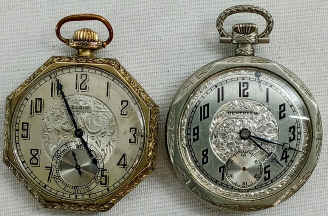 (2) OCTAGON VINTAGE POCKET WATCHES: ELGIN GOLD TONE SERIAL #29299418 & BEST EVER SILVER TONE missing second hand - BOTH FOR PARTS / REPAIR - Watches are not verified, authenticated, or tested in running condition unless otherwise specif