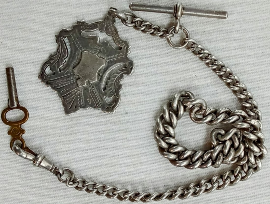 ANTIQUE WATCH CHAIN w/FOB & KEY (1 of 1)