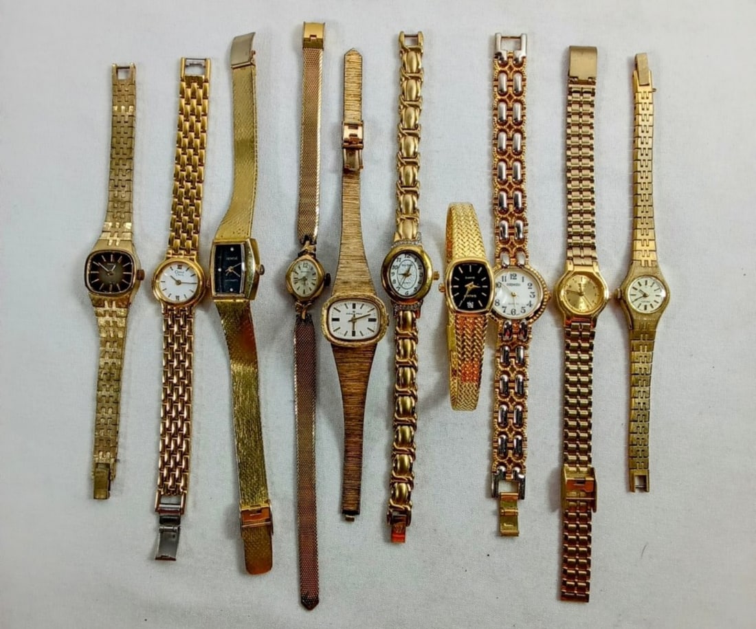 10 LADIES GOLD TONE WATCHES: WATCHES ARE NOT VERIFIED, AUTHENTICATED, OR TESTED IN RUNNING CONDITION UNLESS SPECIFIED, INCLUDING WALTHMAN, GRUEN, SEIKO, HAMILTON, BULOVA, AND MORE