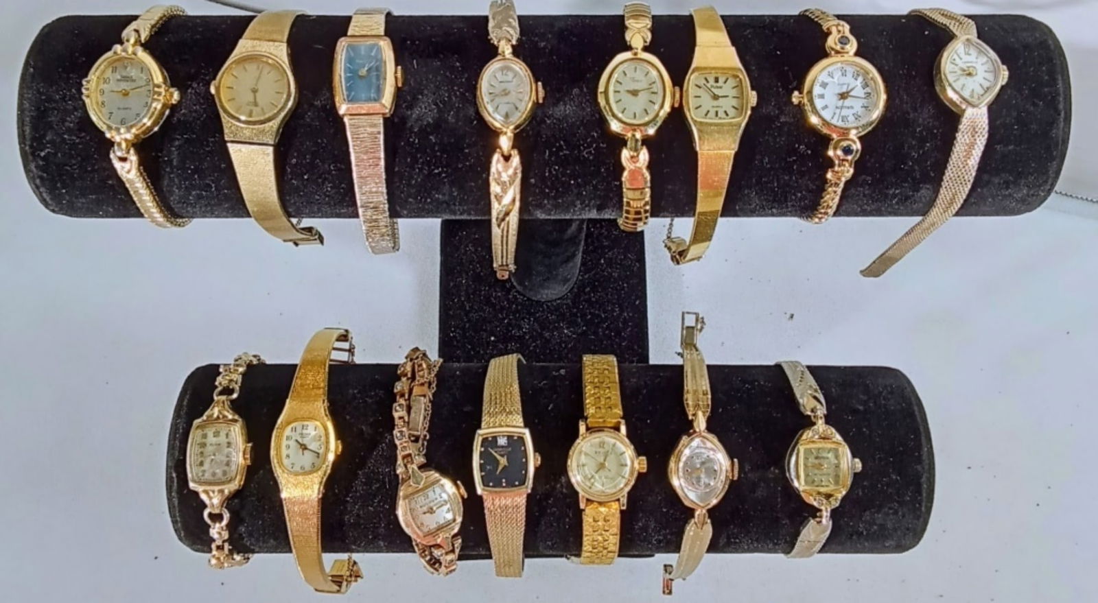 15 LADIES GOLD TONE WATCHES: WATCHES ARE NOT VERIFIED, AUTHENTICATED, OR TESTED IN RUNNING CONDITION UNLESS SPECIFIED, INCLUDING GRUEN, TIMEX, ELGIN, WALTHAM, PULSAR, BULOVA, SEIKO, AND MORE
