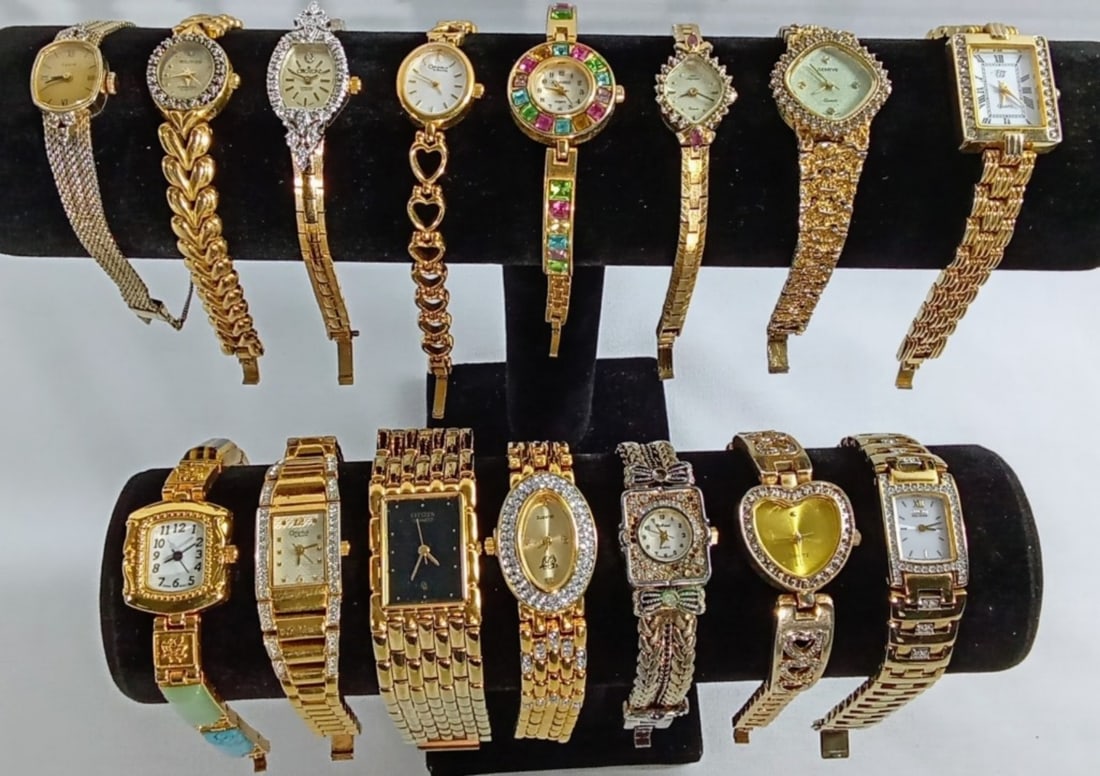 15 LADIES GOLD TONE WATCHES: WATCHES ARE NOT VERIFIED, AUTHENTICATED, OR TESTED IN RUNNING CONDITION UNLESS SPECIFIED, INCLUDING ELGIN, BULOVA, DA VANCI, AND MORE