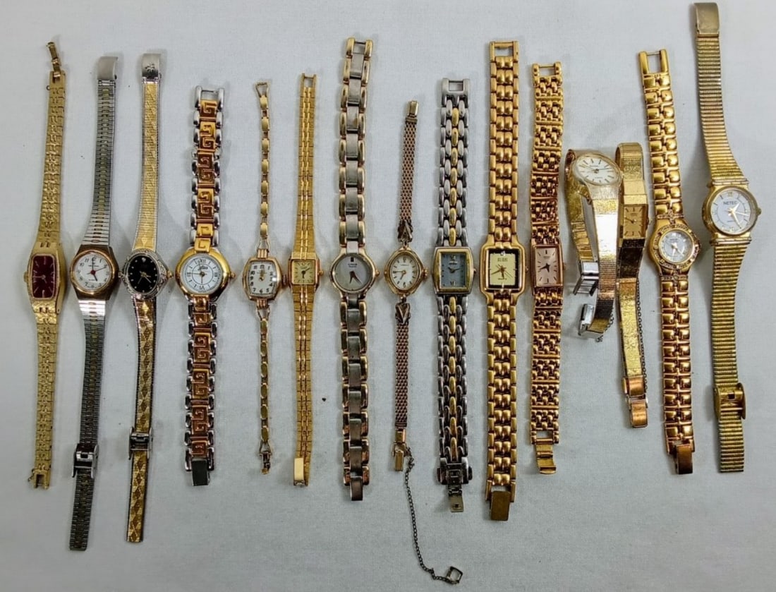 15 LADIES GOLD TONE WATCHES: WATCHES ARE NOT VERIFIED, AUTHENTICATED, OR TESTED IN RUNNING CONDITION UNLESS SPECIFIED, INCLUDING BULOVA, CITIZEN, SEIKO, WALTHAM, AND MORE