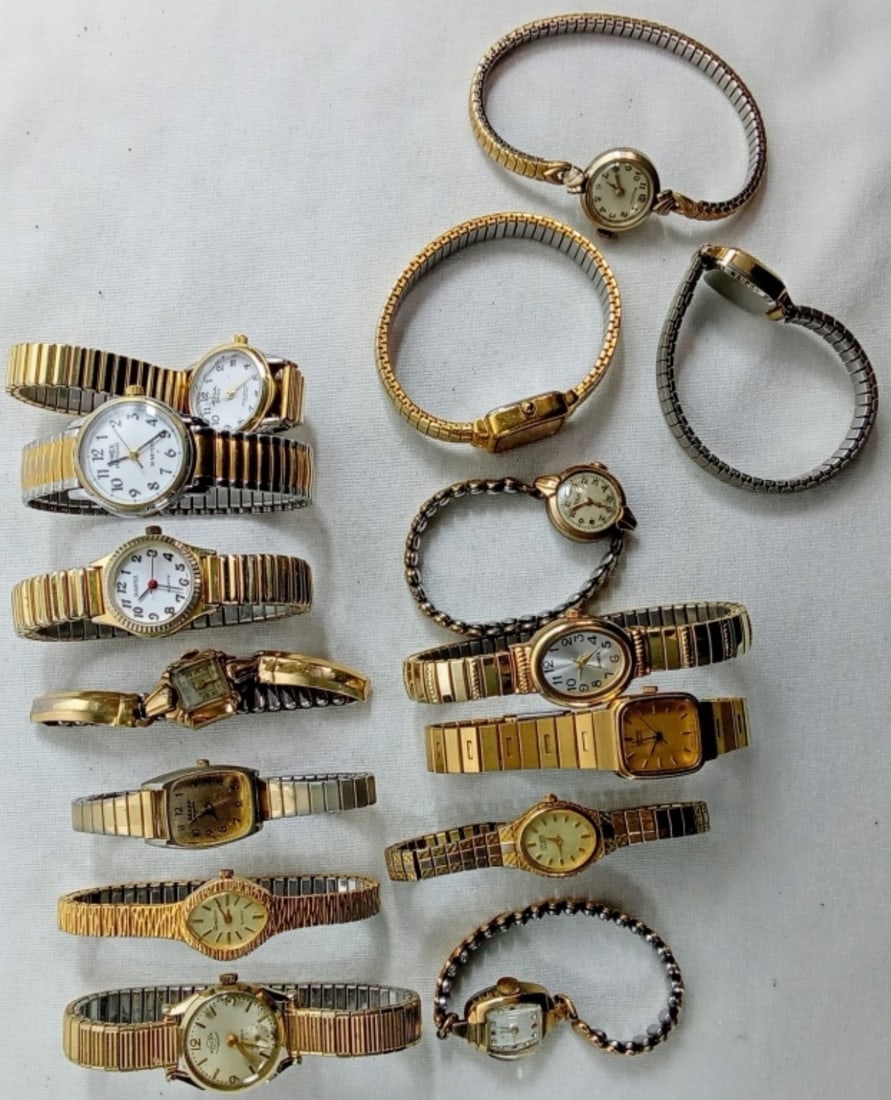 15 LADIES GOLD TONE WATCHES: WATCHES ARE NOT VERIFIED, AUTHENTICATED, OR TESTED IN RUNNING CONDITION UNLESS SPECIFIED, INCLUDING SEIKO,CITIZEN, BULOVA,TIMEX, BENRUS,PULSAR, AND MORE