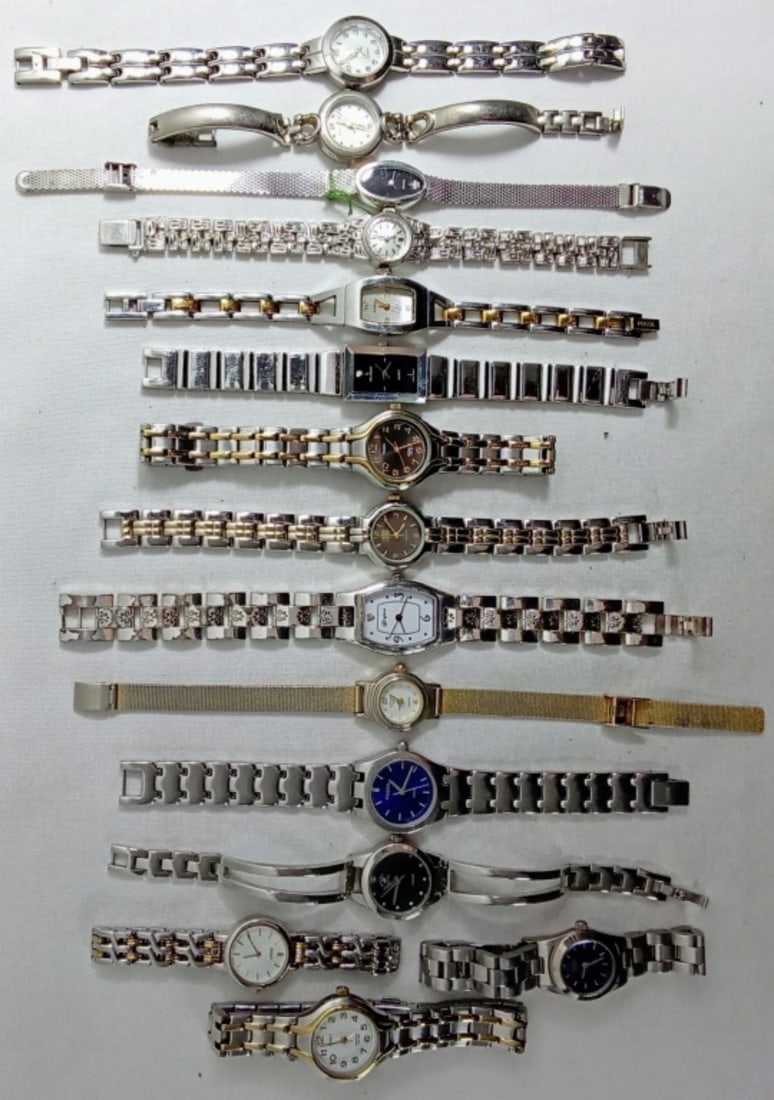 15 LADIES SILVER TONE WATCHES: WATCHES ARE NOT VERIFIED, AUTHENTICATED, OR TESTED IN RUNNING CONDITION UNLESS SPECIFIED, INCLUDING FOSSIL, SEIKO, BEVERLY HILLS POLO CLUB, GUESS, TIMEX, AND MORE