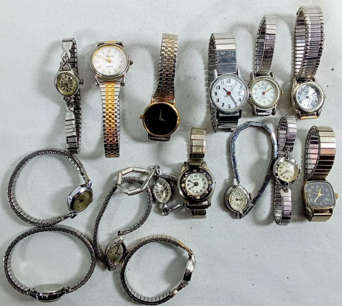 15 SILVER TONE LADIES WATCHES: WATCHES ARE NOT VERIFIED, AUTHENTICATED, OR TESTED IN RUNNING CONDITION UNLESS SPECIFIED, INCLUDING TIMEX, BULOVA, ACQUA, GRUAM, BENRUS, AND MORE