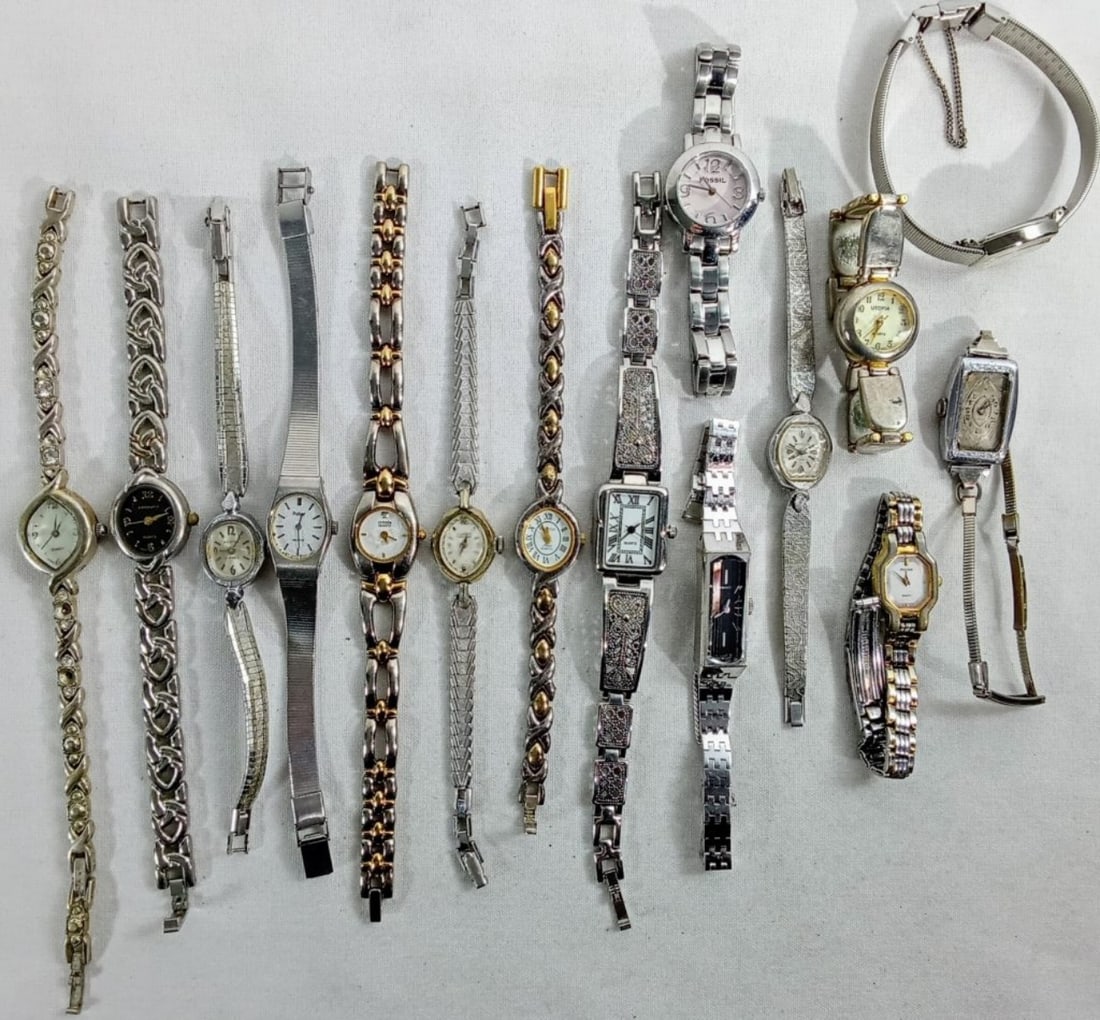15 SILVER TONE LADIES WATCHES: WATCHES ARE NOT VERIFIED, AUTHENTICATED, OR TESTED IN RUNNING CONDITION UNLESS SPECIFIED, INCLUDING CITIZEN, PULSAR, FOSSIL, AND MORE