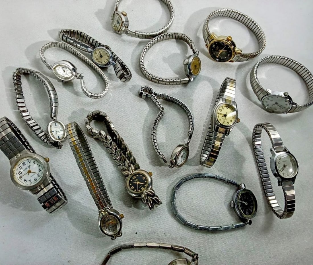 15 SILVER TONE LADIES WATCHES: WATCHES ARE NOT VERIFIED, AUTHENTICATED, OR TESTED IN RUNNING CONDITION UNLESS SPECIFIED, INCLUDING TIMEX,HAMILTON, AND MORE