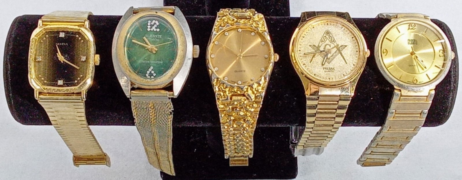 5 MENS GOLD TONE WATCHES: WATCHES ARE NOT VERIFIED, AUTHENTICATED, OR TESTED IN RUNNING CONDITION UNLESS SPECIFIED, INCLUDING ALAVANTE, PULSAR, FADED, GLORY, GENEVA, AND MORE