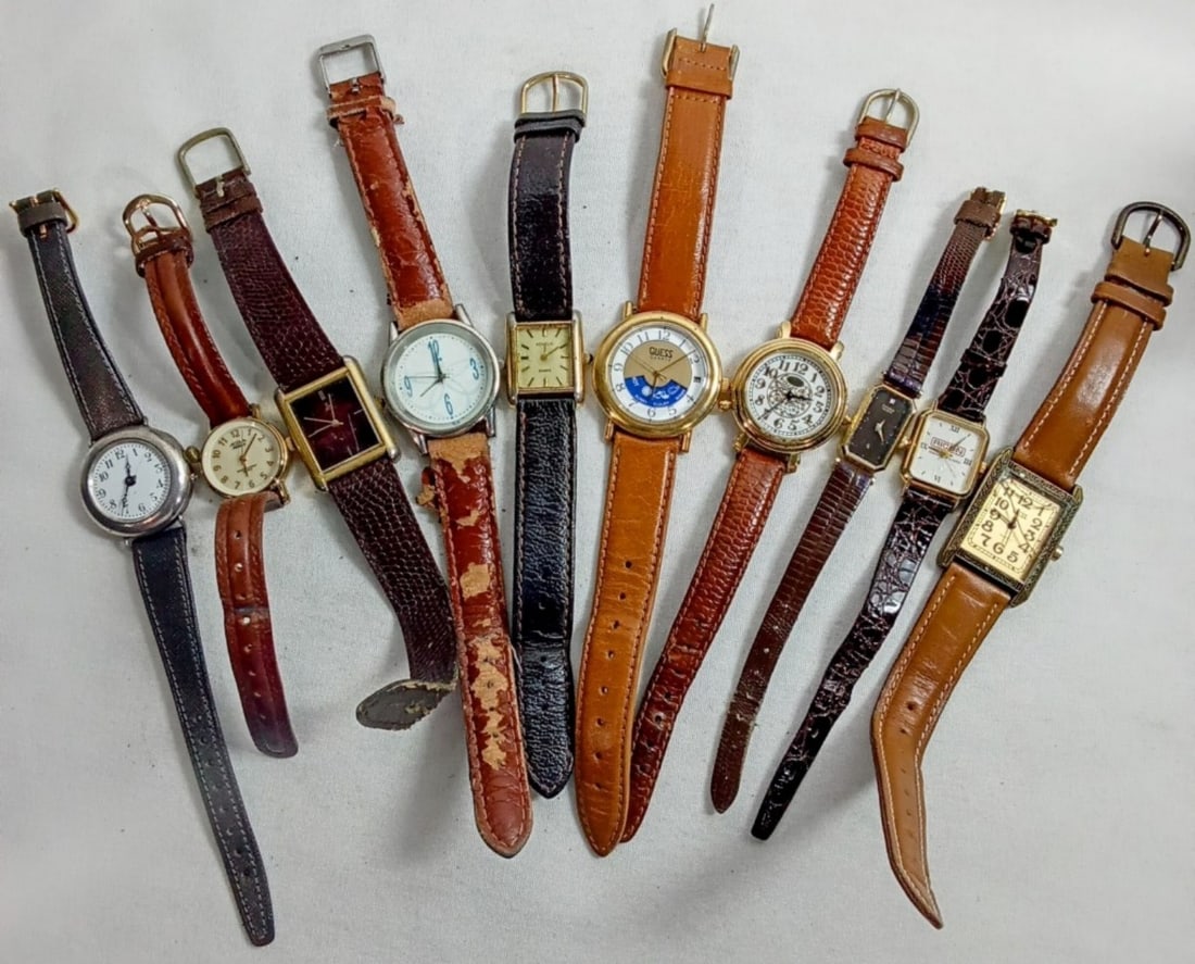 (10) MIXED LOT LADIES BROWN BANDS: WATCHES ARE NOT VERIFIED, AUTHENTICATED, OR TESTED IN RUNNING CONDITION UNLESS SPECIFIED, INCLUDING GUESS, CITIZEN, BENRUS, & MORE