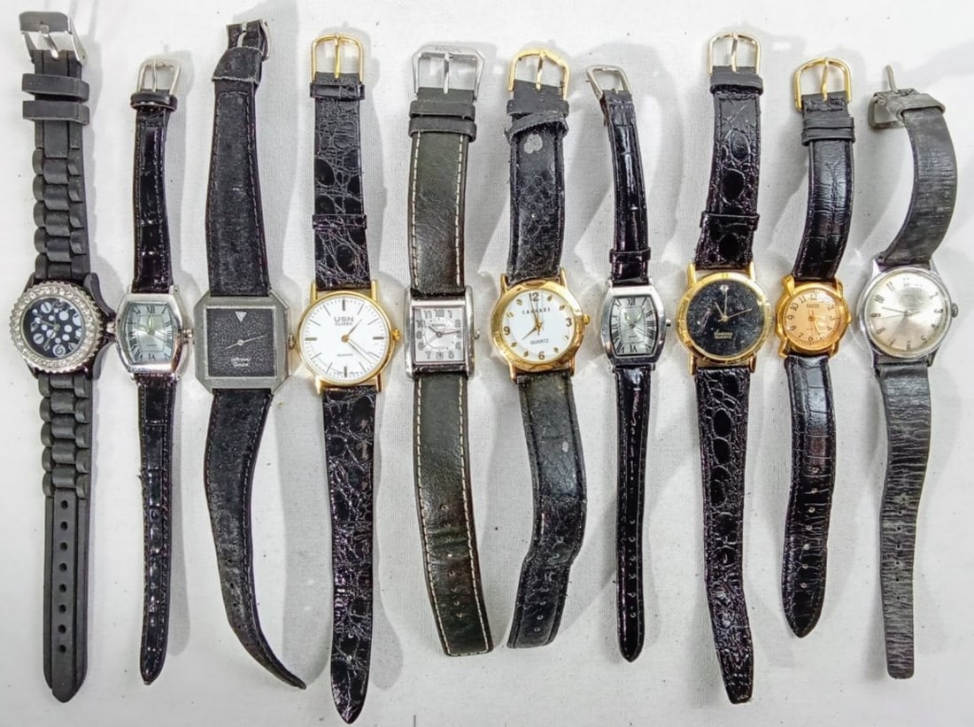 (10) MIXED LOT LADIES BLACK BANDS: WATCHES ARE NOT VERIFIED, AUTHENTICATED, OR TESTED IN RUNNING CONDITION UNLESS SPECIFIED, INCLUDING TIMEX, FOSSIL, GUESS, & MORE