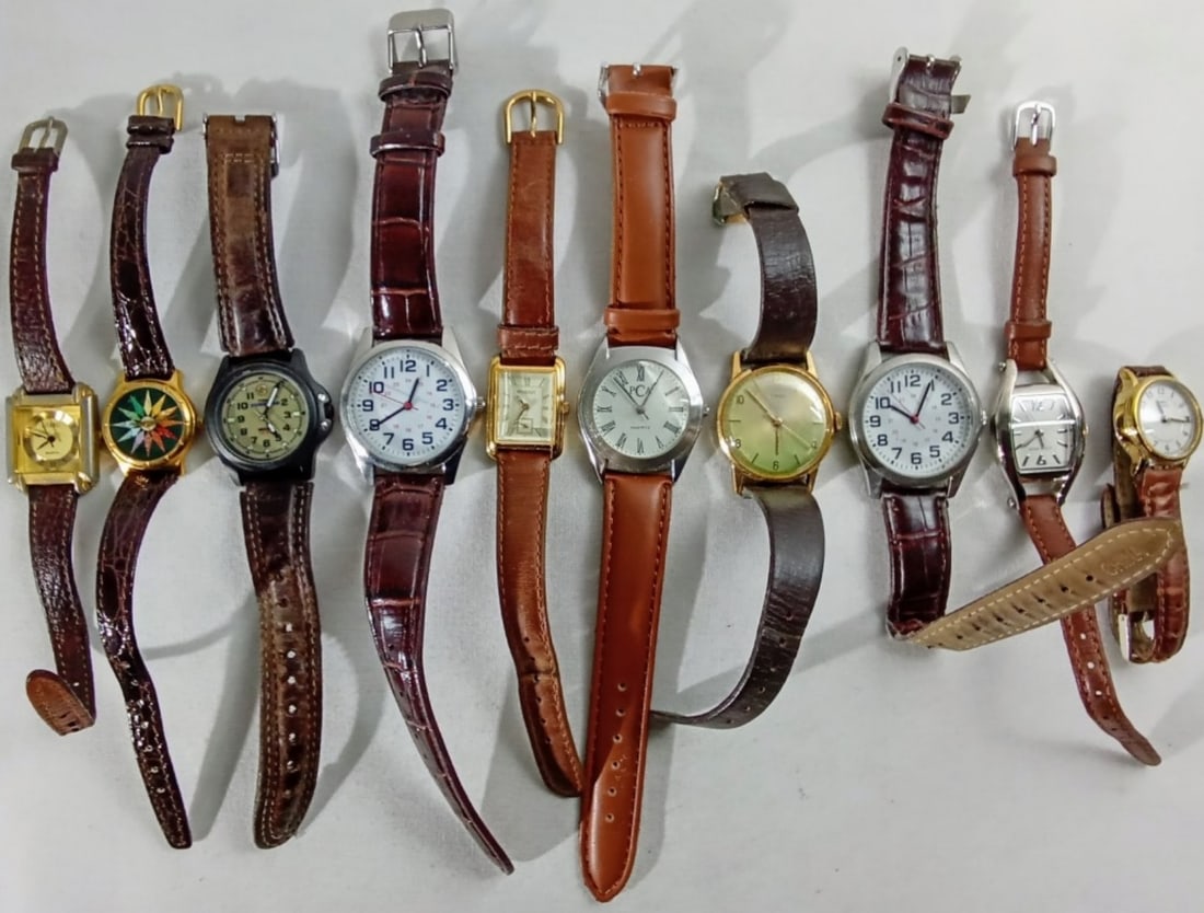 (10) MIXED LOT LADIES BROWN BANDS: WATCHES ARE NOT VERIFIED, AUTHENTICATED, OR TESTED IN RUNNING CONDITION UNLESS SPECIFIED, INCLUDING TIMEX, GITANO, PCA, NINE WEST, & MORE