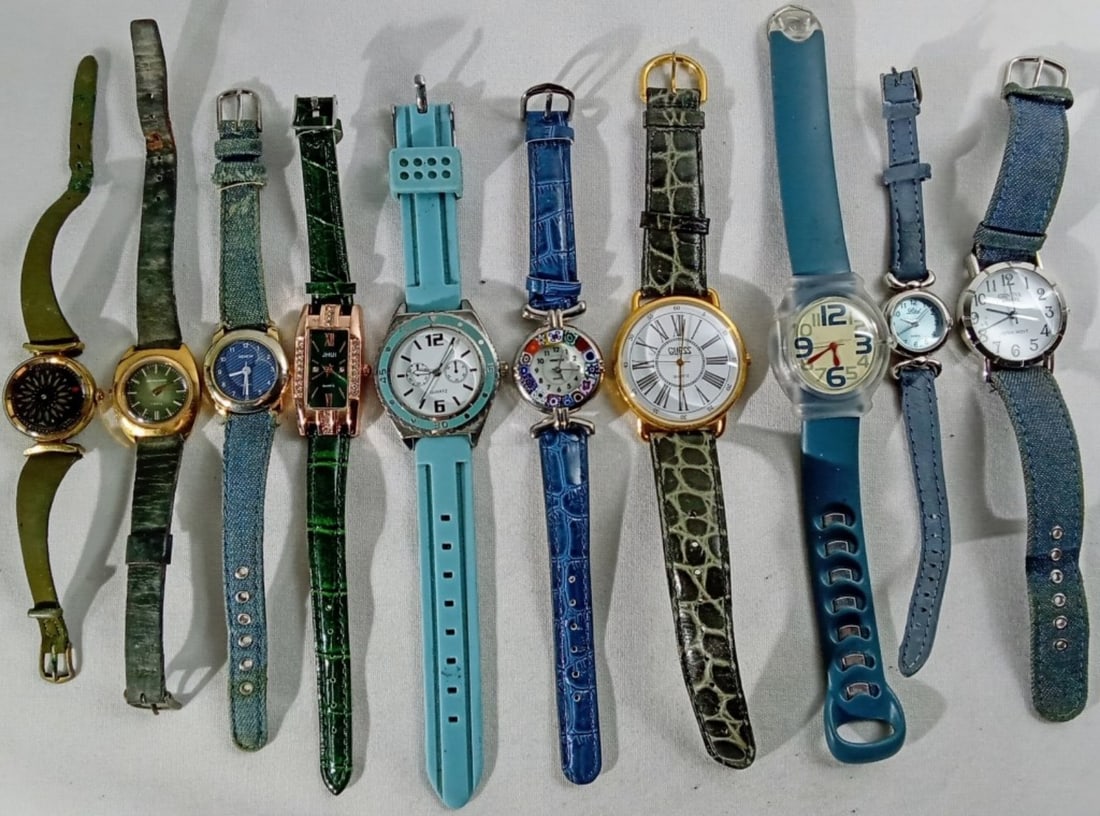 (10) MIXED LOT BLUE & GREEN BANDS: WATCHES ARE NOT VERIFIED, AUTHENTICATED, OR TESTED IN RUNNING CONDITION UNLESS SPECIFIED, INCLUDING GENEVA, VENETAE, TIMEX, GUESS, & MORE