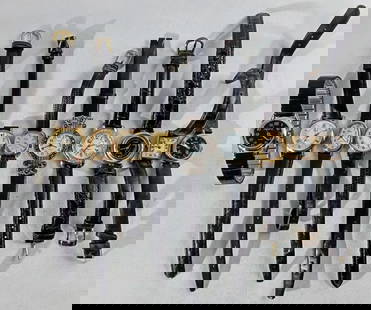 (10) MIXED LOT LADIES SMALL BLACK BANDS: WATCHES ARE NOT VERIFIED, AUTHENTICATED, OR TESTED IN RUNNING CONDITION UNLESS SPECIFIED, INCLUDING TIMEX, BECORA, GENEVA, GUCCI, CRION, & MORE