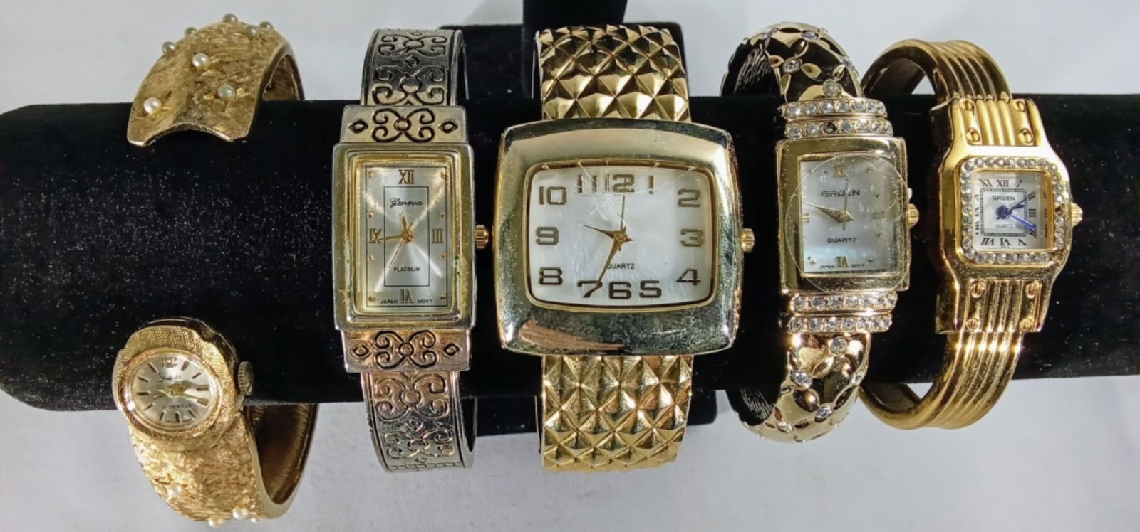 (5) CUFF FASHION GOLD TONE: WATCHES ARE NOT VERIFIED, AUTHENTICATED, OR TESTED IN RUNNING CONDITION UNLESS SPECIFIED, INCLUDING GRUEN, GENOVA, & MORE