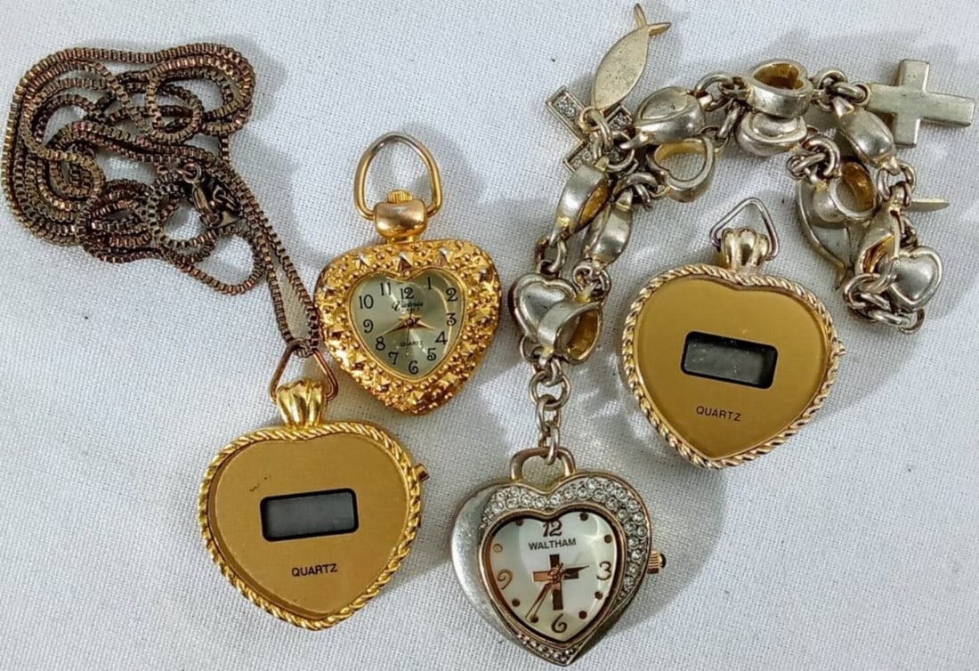 (4) HEART PENDANT WATCHES: WATCHES ARE NOT VERIFIED, AUTHENTICATED, OR TESTED IN RUNNING CONDITION UNLESS SPECIFIED, INCLUDING WALTHAM, VICTORIA, & (2) DIGITAL