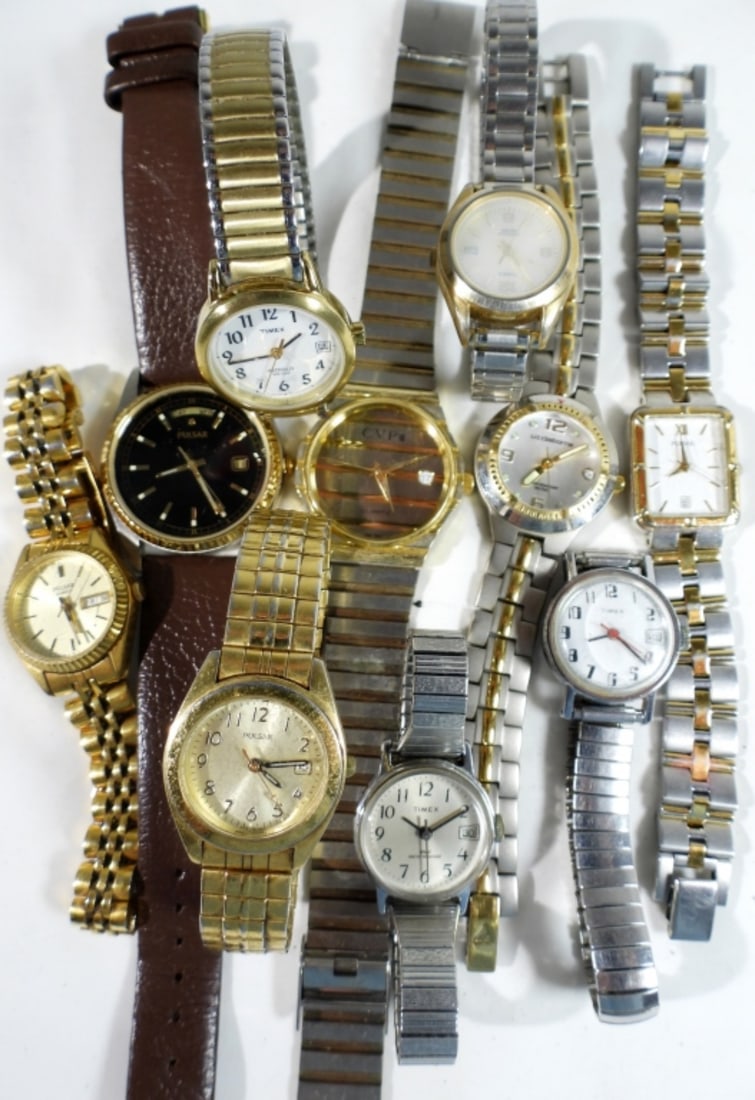 (10) MIXED LOT LADIES DAY/ DATE WATCHES: WATCHES ARE NOT VERIFIED, AUTHENTICATED OR TESTED IN RUNNING CONDITION UNLESS SPECIFIED, INCLUDING TIMEX, PULSAR, CVP, LIZ CLABORNE
