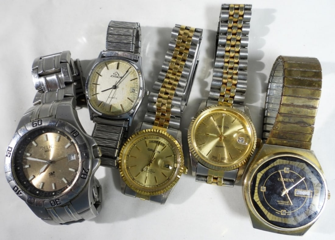(5) MIXED LOT MENS WATCHES DAY/DATE: WATCHES ARE NOT VERIFIED, AUTHENTICATED OR TESTED IN RUNNING CONDITION UNLESS SPECIFIED, INCLUDING GENEVA, GRUEN, RELIC, JORDACHE