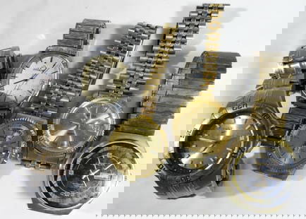 (5) MIXED LOT MENS WATCHES DAY/DATE: WATCHES ARE NOT VERIFIED, AUTHENTICATED OR TESTED IN RUNNING CONDITION UNLESS SPECIFIED, INCLUDING GENEVA, GRUEN, RELIC, JORDACHE