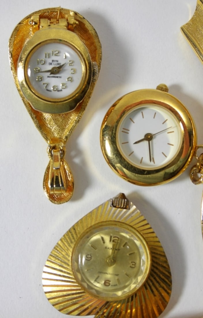 (3) LADIES UNIQUE WATCHES (2) PIN: (1) PENDANT - SAXONY, BYN DELUX, MONET - UNTESTED