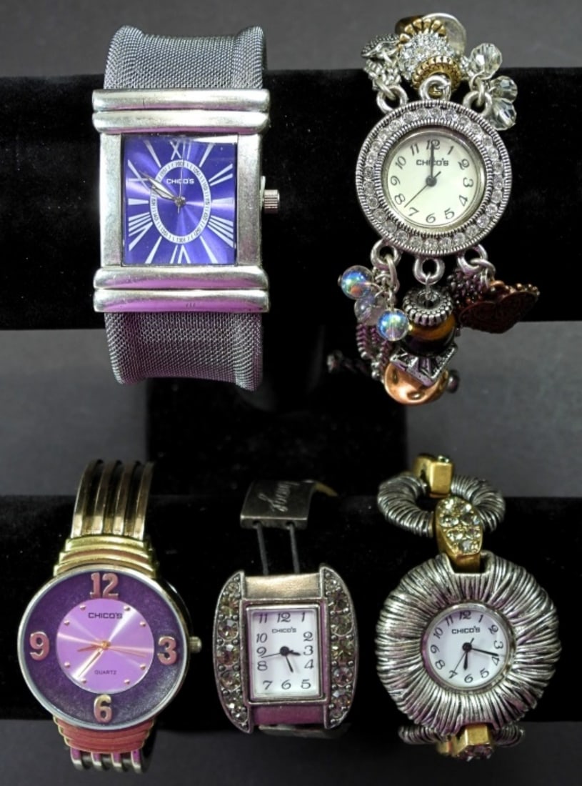 5 "CHICOS" BRAND WRIST WATCHES: 5 "CHICOS" BRAND WRIST WATCHES, ALL DECORATIVE COLORS AND STYLES, UNTESTED, WATCH MAY OR MAY NOT WORK, COULD BE USED FOR PARTS OR REPAIR