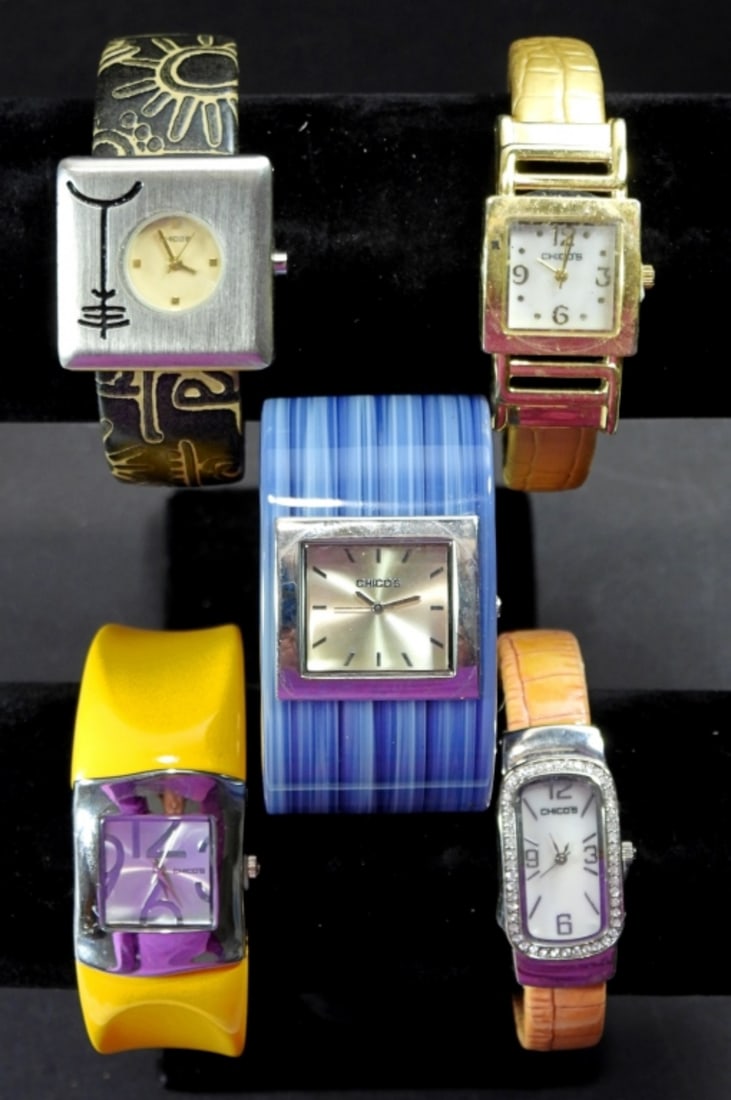 5 "CHICOS" BRAND SLIP ON WRIST WATCHES: 5 "CHICOS" BRAND SLIP ON WRIST WATCHES, ALL DECORATIVE COLORS AND STYLES, UNTESTED, WATCH MAY OR MAY NOT WORK, COULD BE USED FOR PARTS OR REPAIR