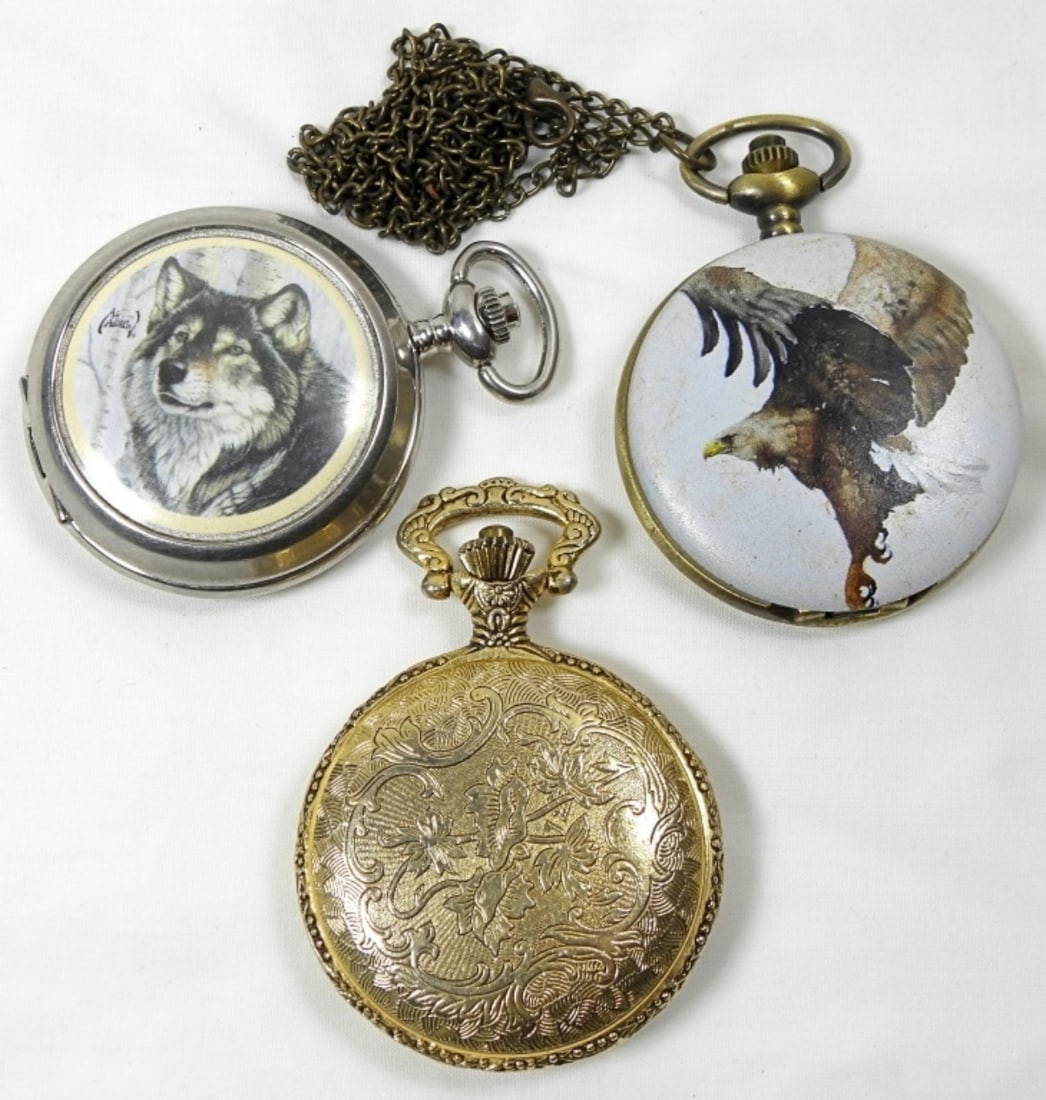 3 VARIETY QUARTZ POCKET WATCHES: 3 VARIETY QUARTZ POCKET WATCHES, BRANDS (AL AGNEW, STRADA, SPALTEC), UNTESTED/NEEDS SERVICE