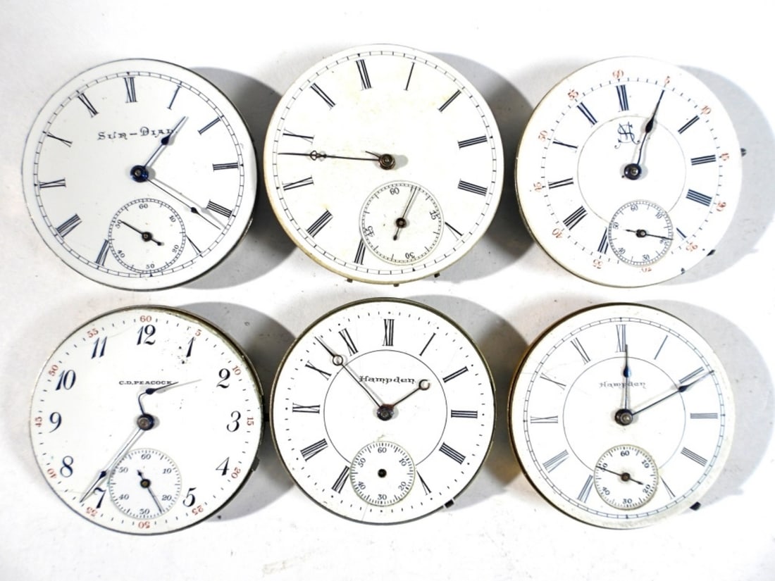 (6) POCKET WATCH MOVEMENTS: (6) SIZE 6'S WATCH MOVMENTS FOR PARTS CD PEACOCK, SUN-DIAL, HAMPDEN AND MORE