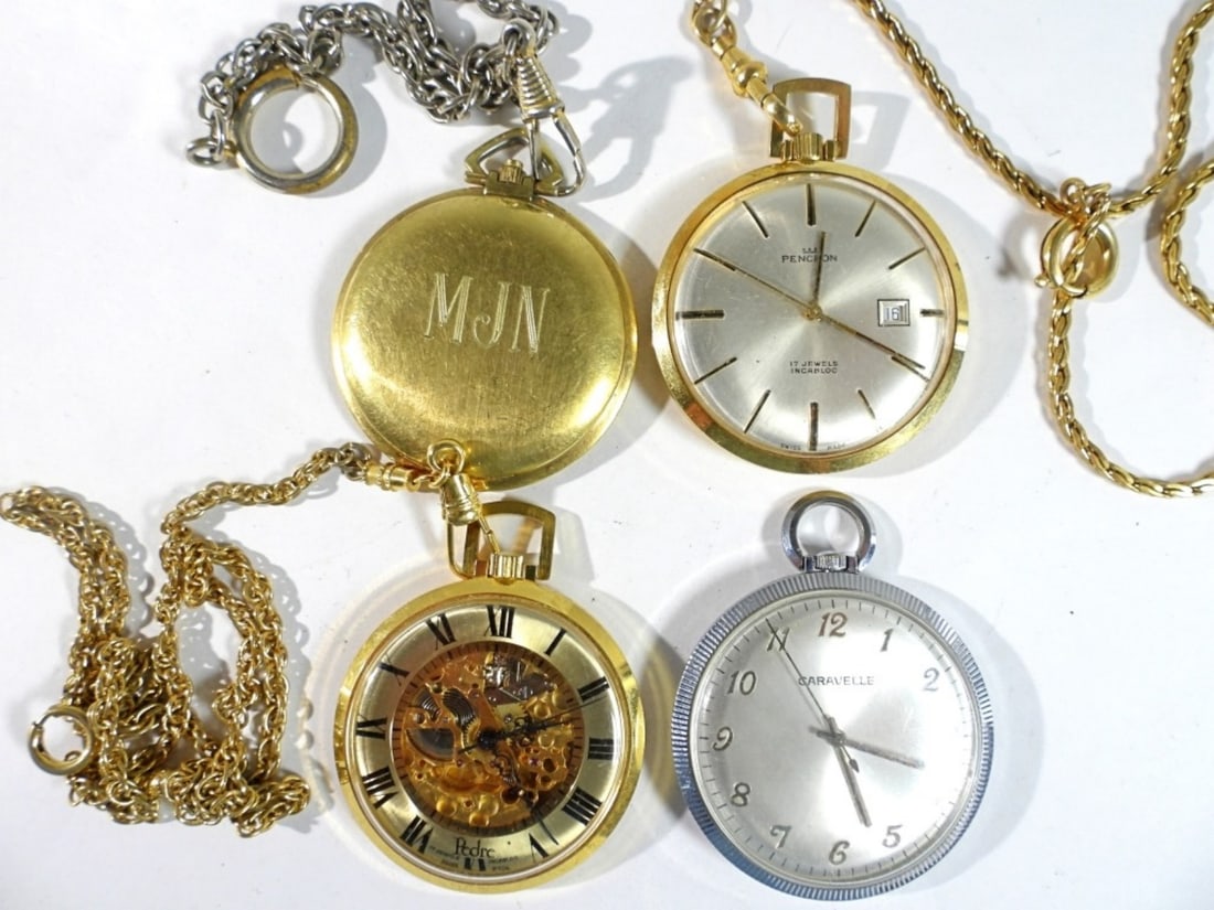 (4) SILM DRESS POCKET WATCHES: PENCRON 17j RUNNING, PEDRE 17j RUNNING, BULOVA & CARAVELLE FOR REPAIR